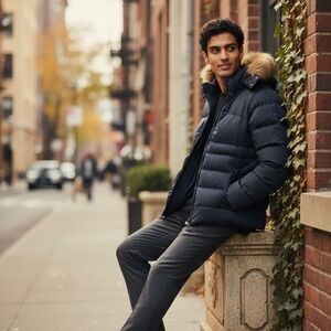 Men's dark blue Puffer Jacket with Fur Hood